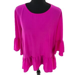 Gibson Asymmetrical Ruffle Hem, Bell Sleeve Blouse, Hot Pink, Size Small